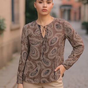 Theory brown, black and cream, Paisley silk blouse with tie front size large